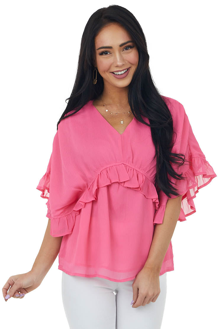 Punch Pink Wide Sleeve Chiffon Ruffled Blouse