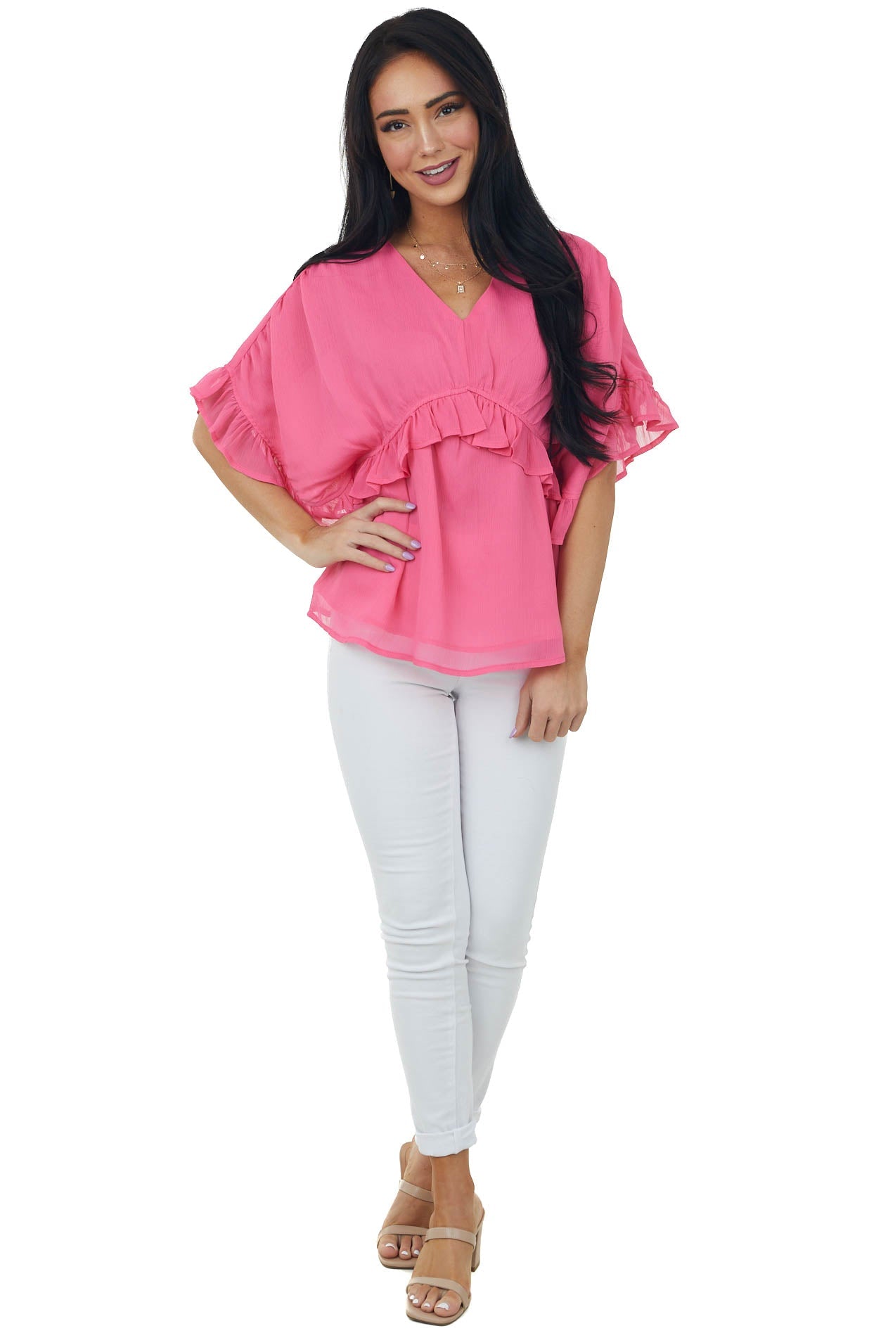 Punch Pink Wide Sleeve Chiffon Ruffled Blouse