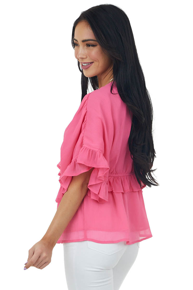 Punch Pink Wide Sleeve Chiffon Ruffled Blouse