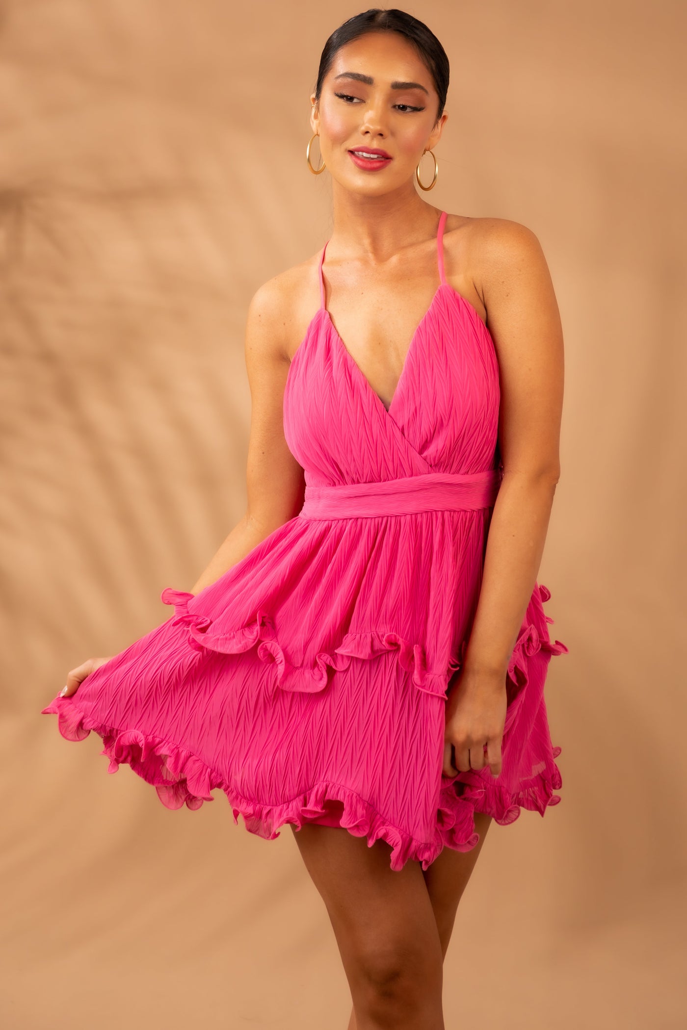 Punch Pleated Surplice Ruffle Tiered Mini Dress