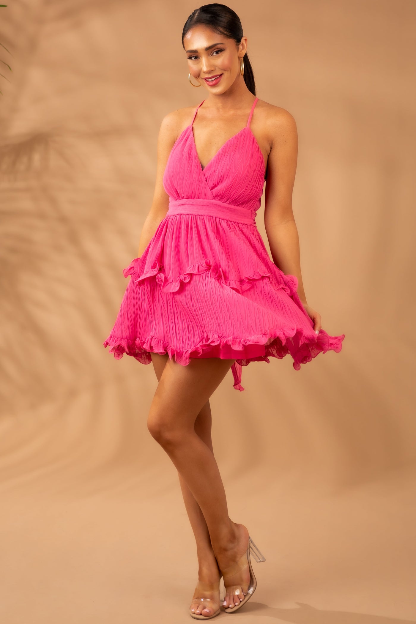 Punch Pleated Surplice Ruffle Tiered Mini Dress