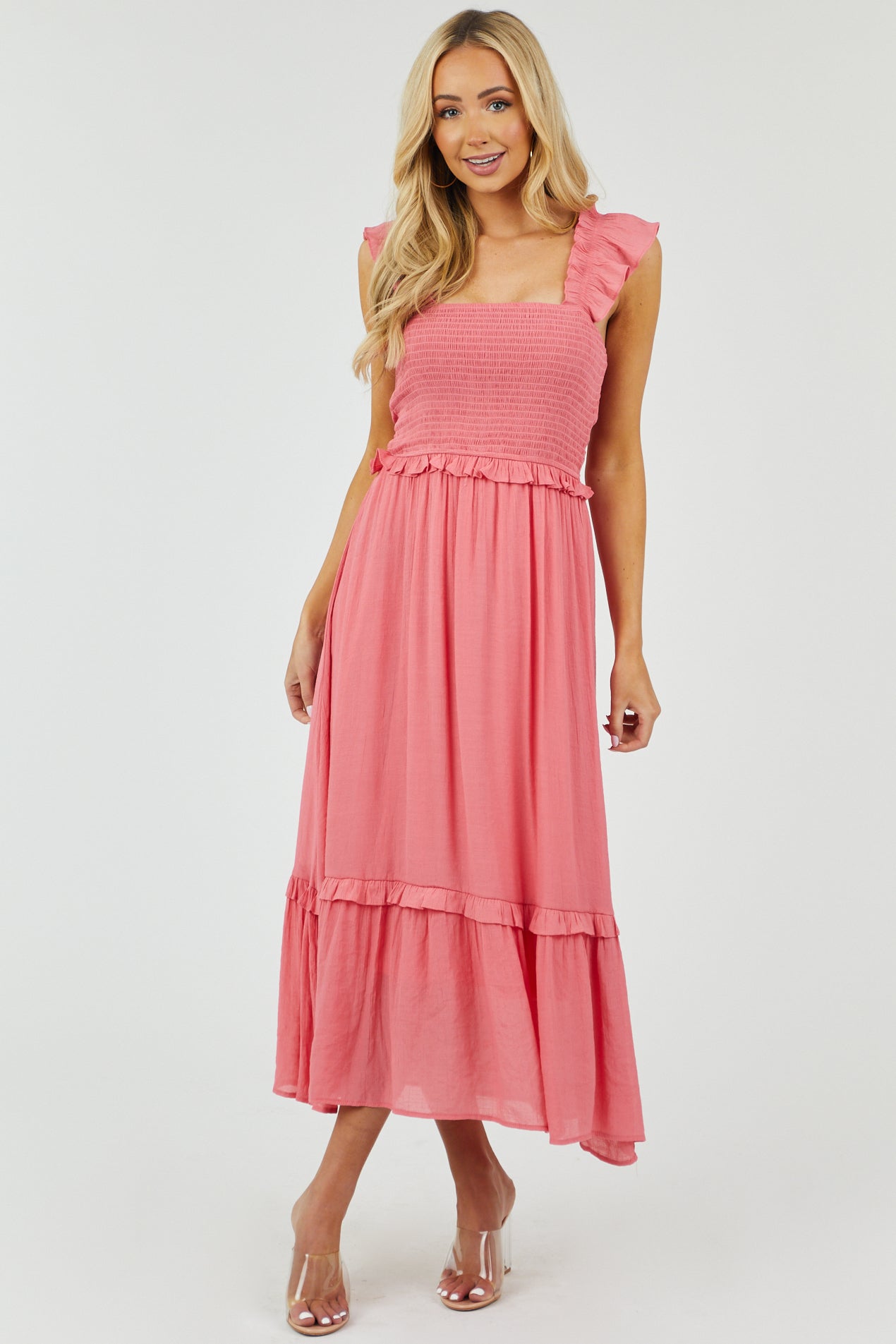 Punch Smocked Ruffle Strap Woven Maxi Dress