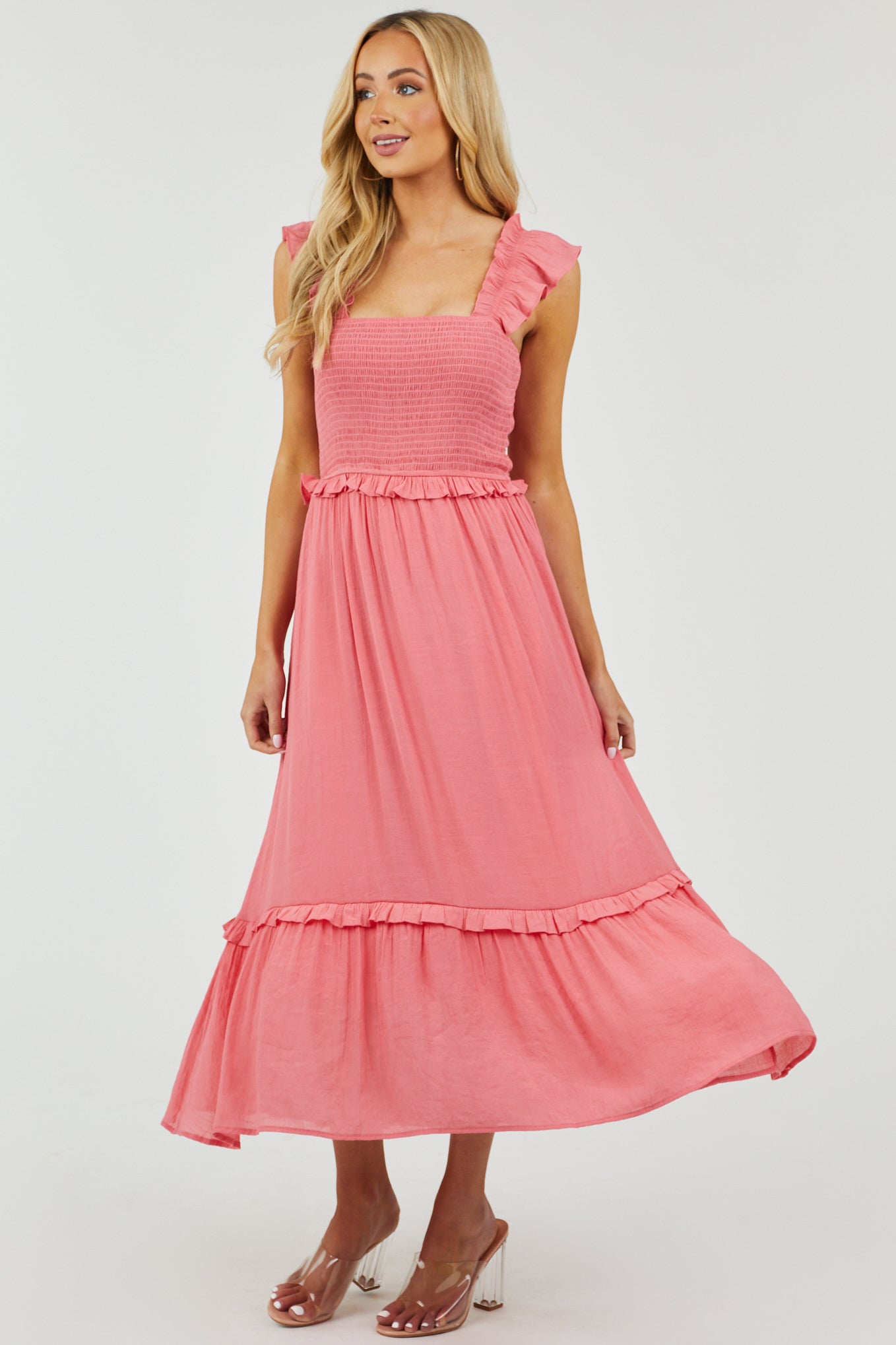 Punch Smocked Ruffle Strap Woven Maxi Dress