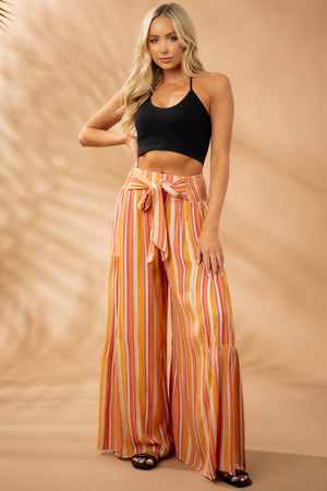 Punch Striped Front Tie Flowy Wide Leg Pants