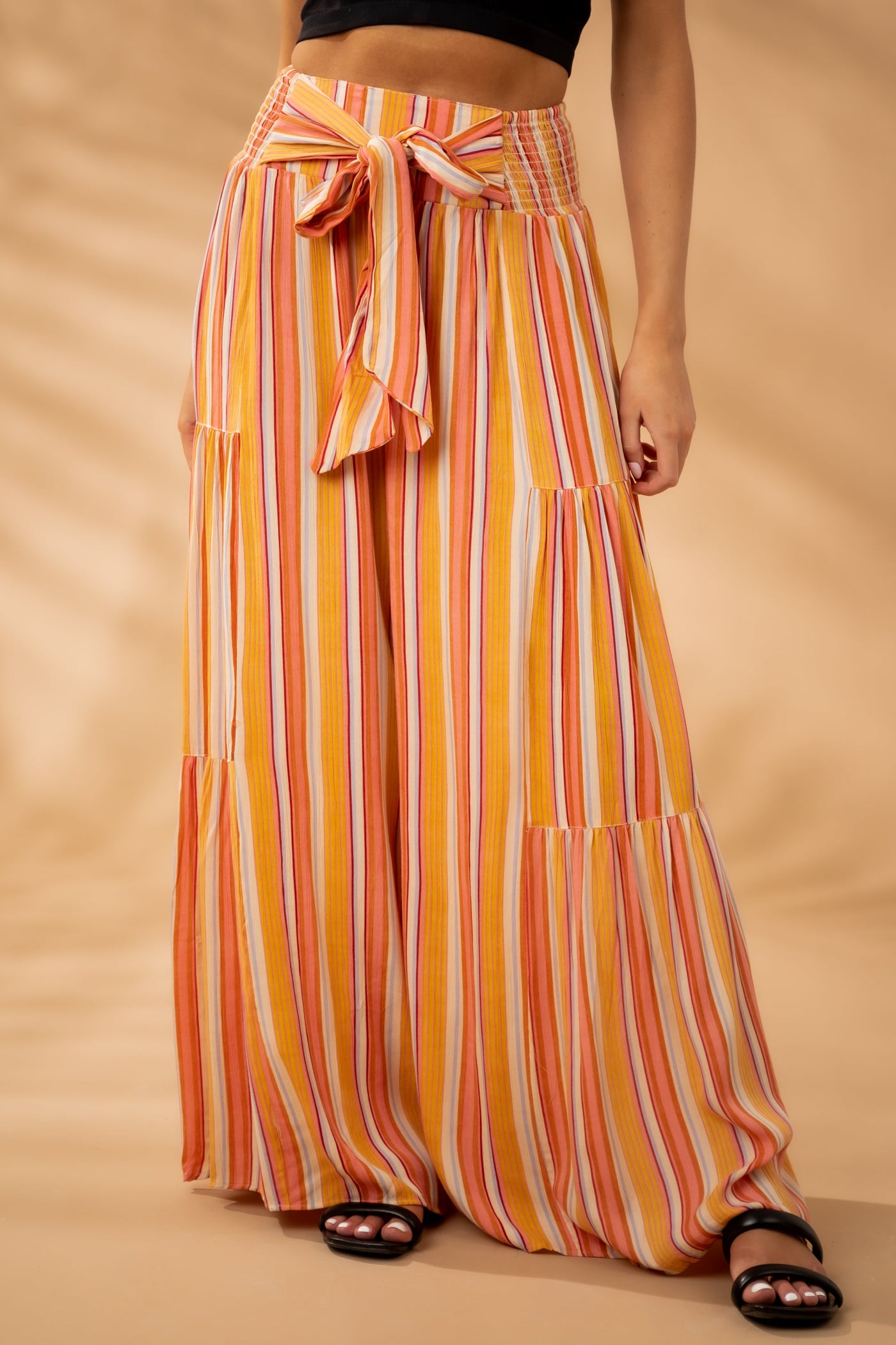 Punch Striped Front Tie Flowy Wide Leg Pants