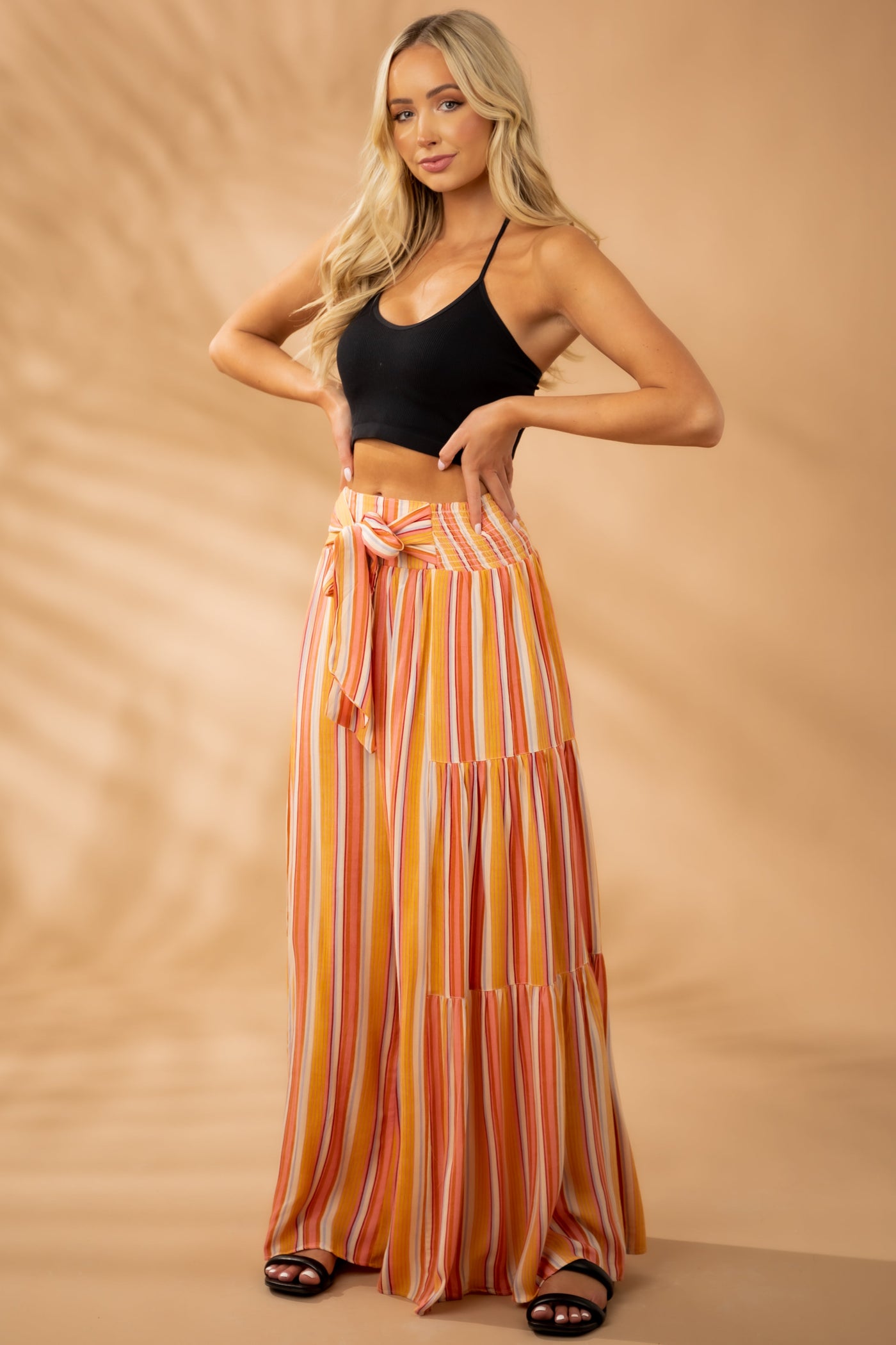 Punch Striped Front Tie Flowy Wide Leg Pants