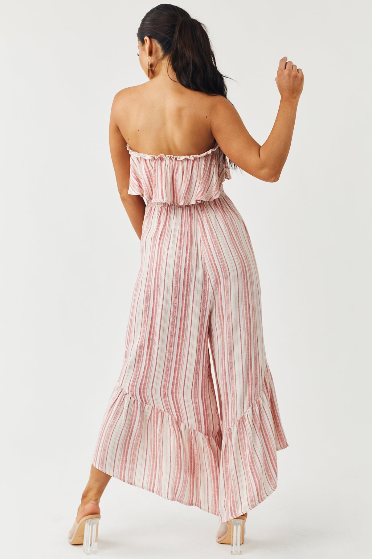 Punch Striped Strapless Smocked Ruffle Jumpsuit