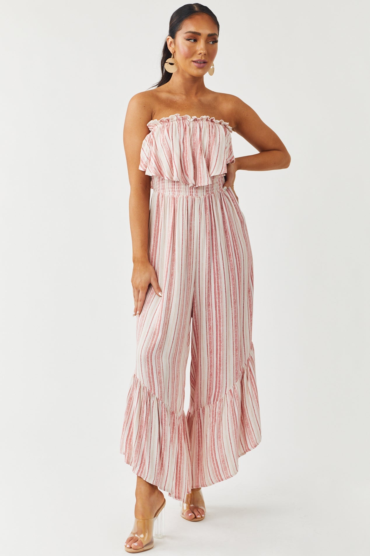 Punch Striped Strapless Smocked Ruffle Jumpsuit