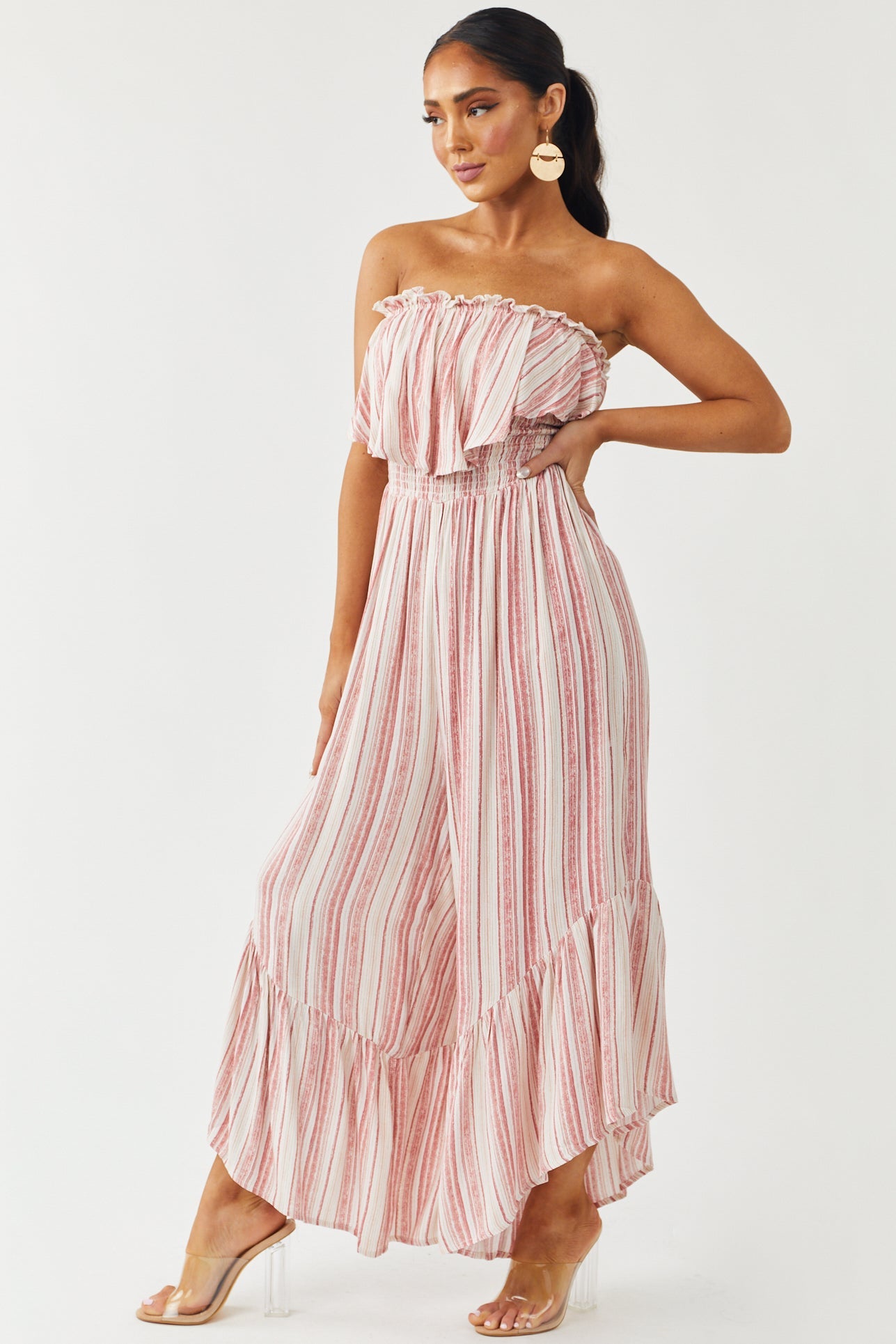 Punch Striped Strapless Smocked Ruffle Jumpsuit