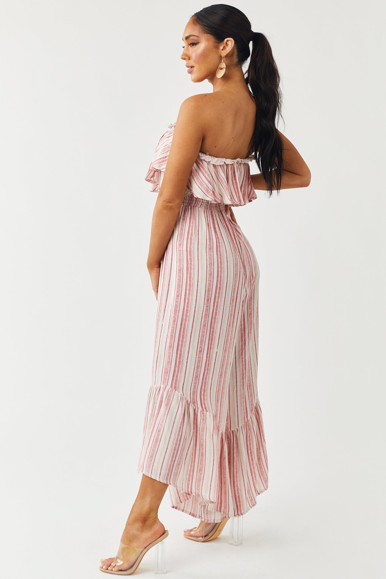 Punch Striped Strapless Smocked Ruffle Jumpsuit