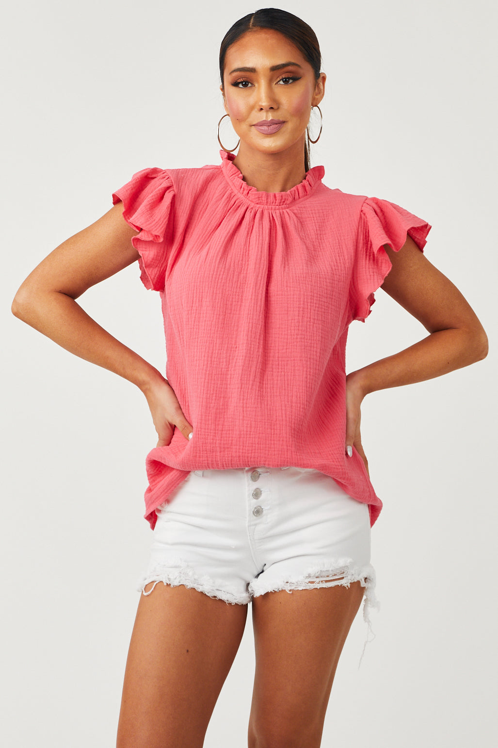 Punch Textured Flutter Sleeve High Neck Blouse