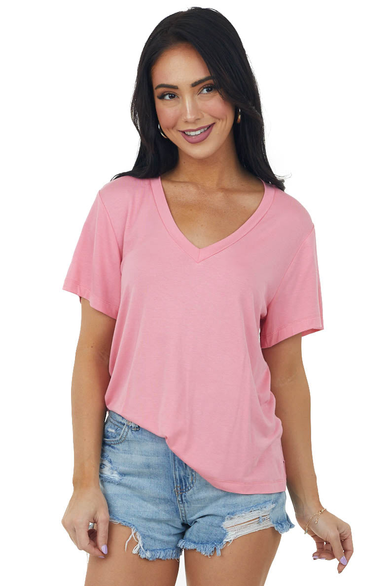 Punch V Neck Short Sleeve Side Slit Knit Tee