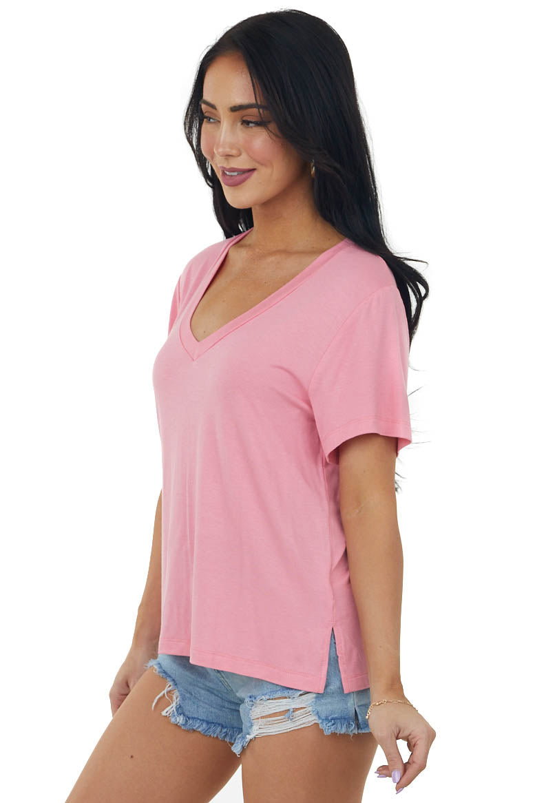 Punch V Neck Short Sleeve Side Slit Knit Tee