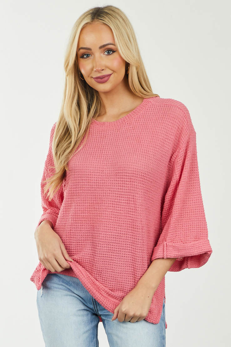 Punch Waffle Knit Folded Cuff Loose Top