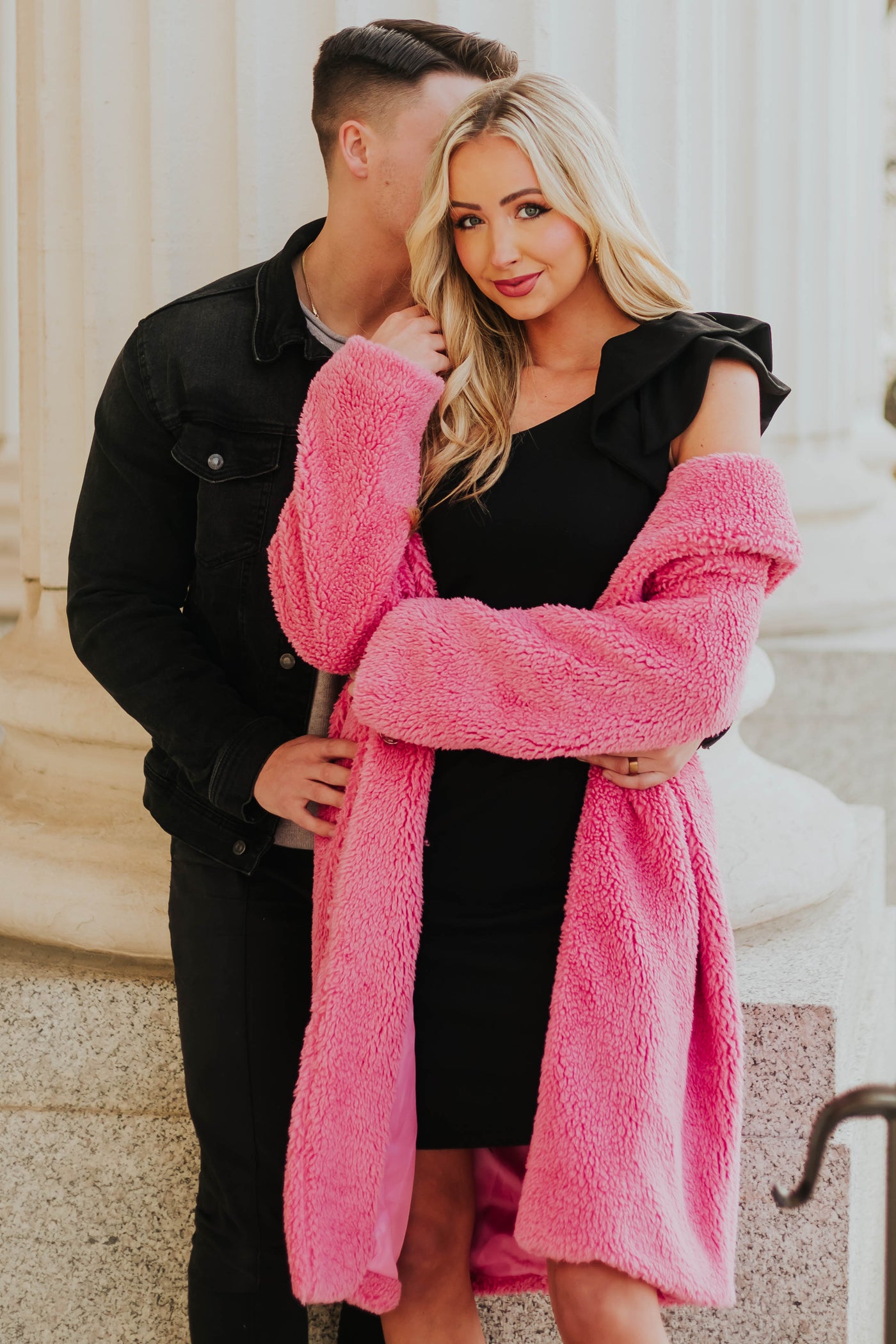 Punch Pink Longline Sherpa Coat with Pockets