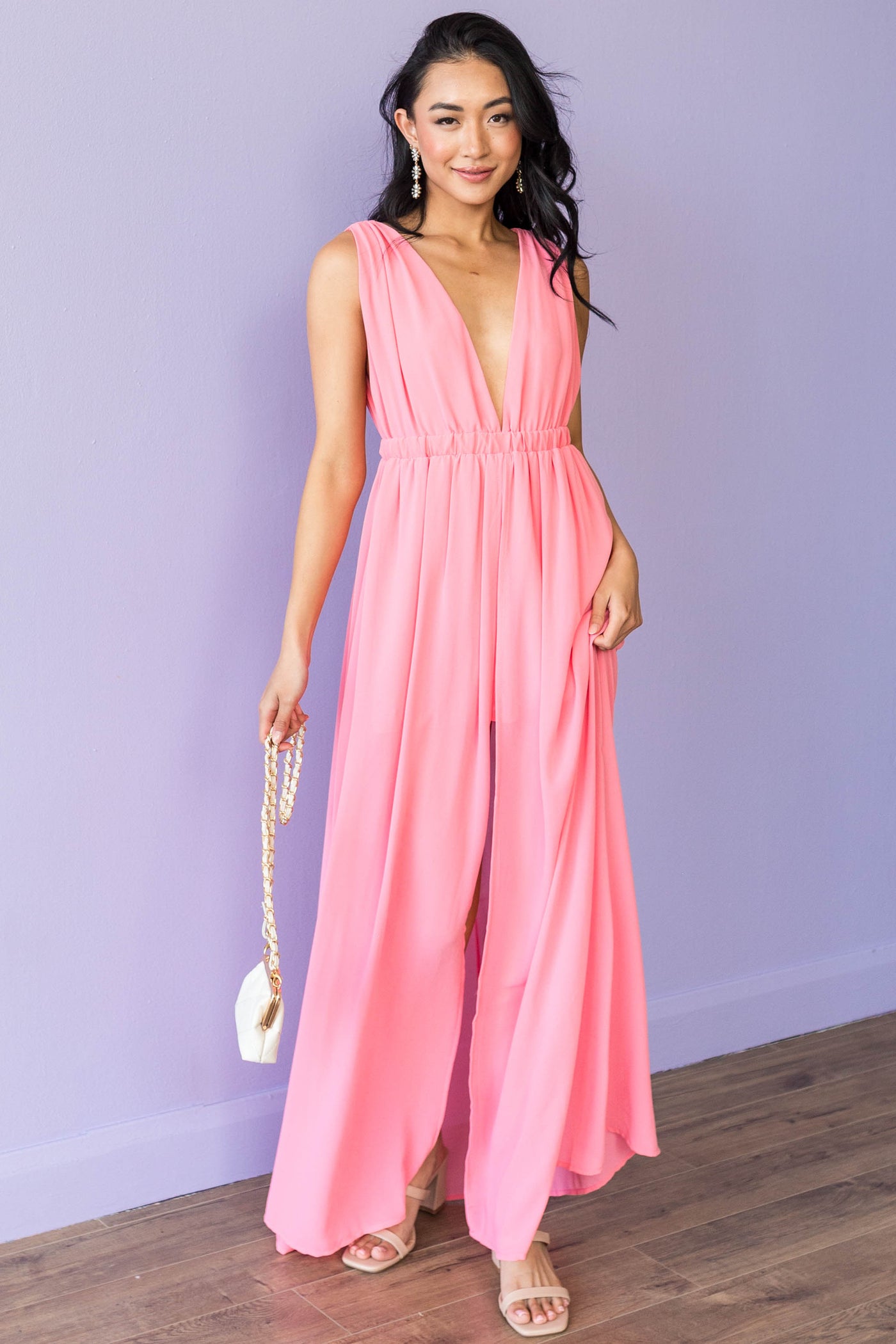 Punch Plunging Neck Slit Maxi Overlay Romper