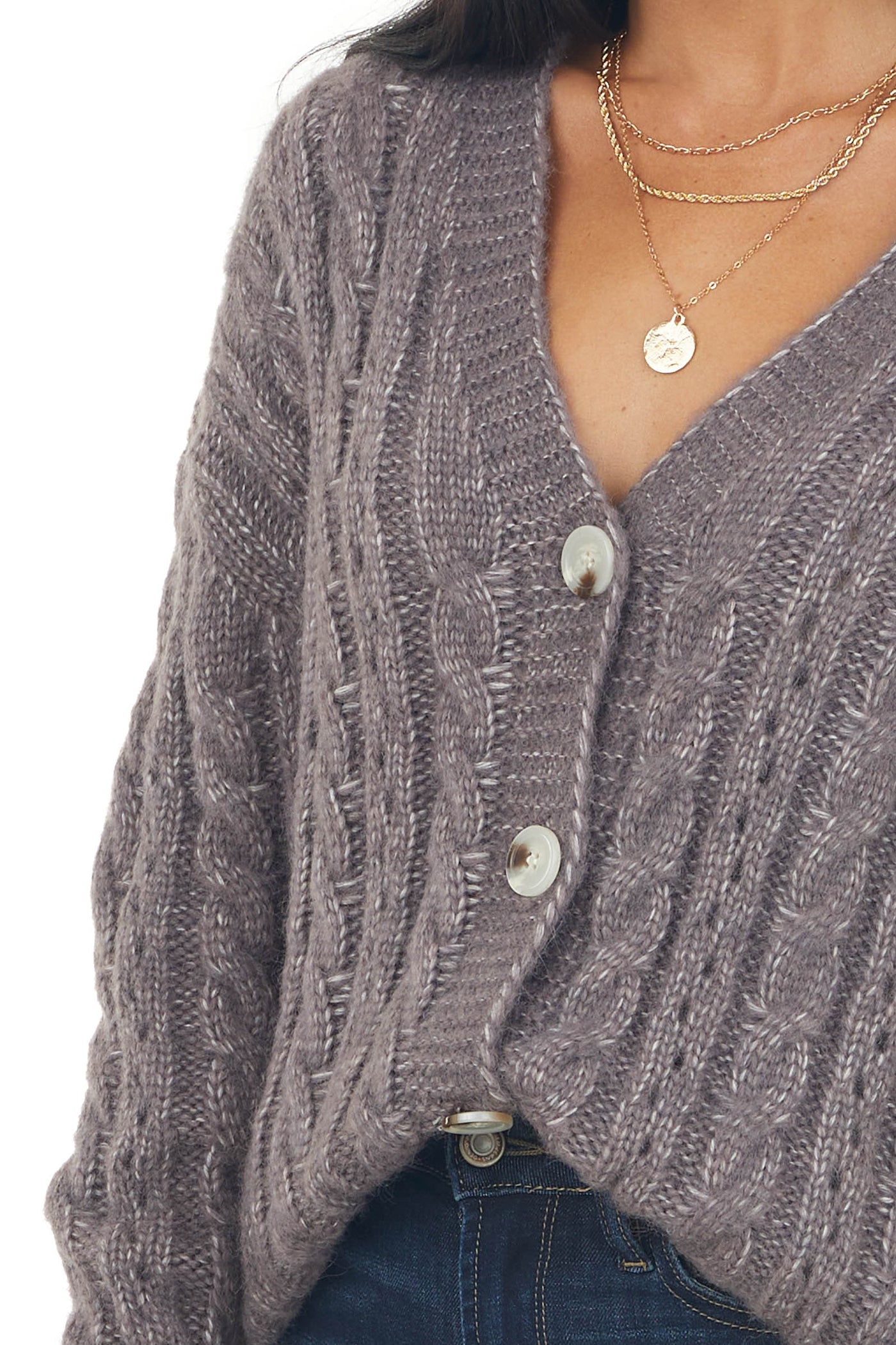 Quartz Grey Button Down Cable Knit Cardigan