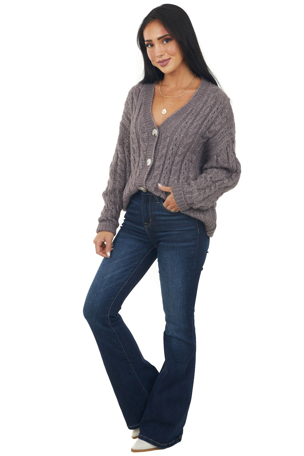 Quartz Grey Button Down Cable Knit Cardigan