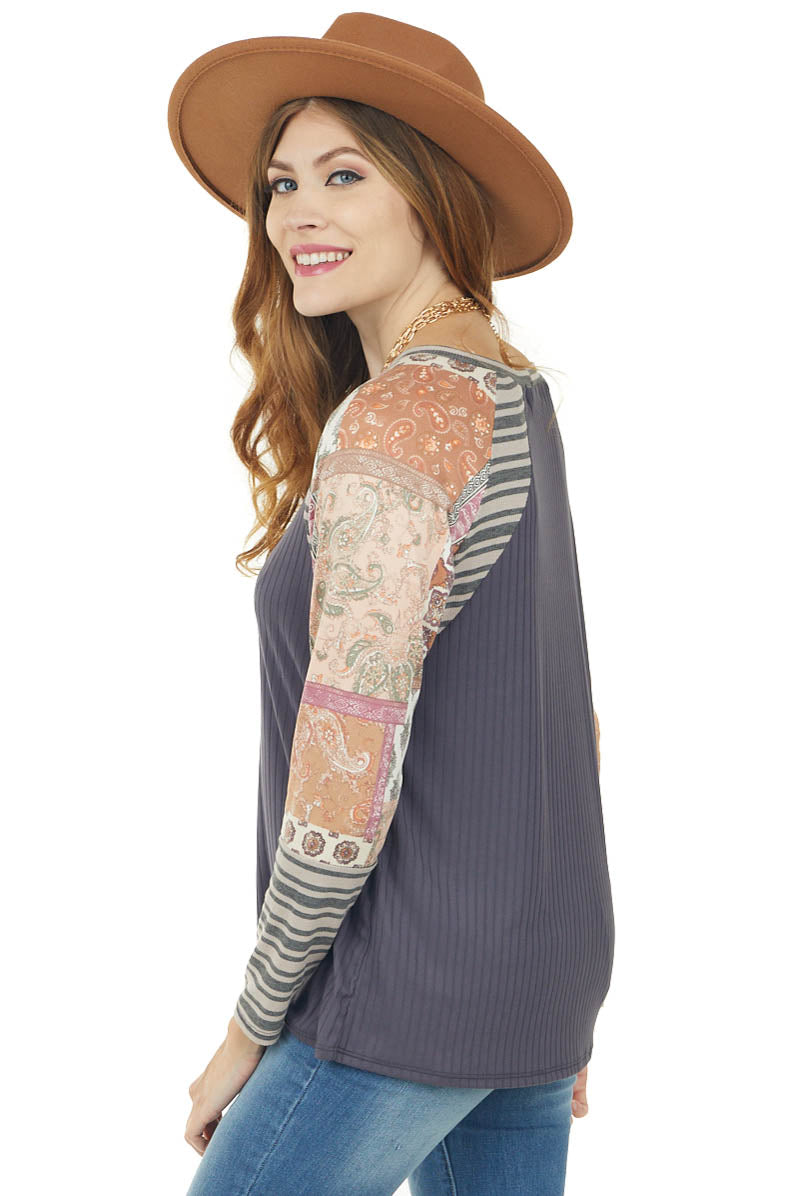 Quartz Ribbed Raglan Knit Top with Printed Sleeves