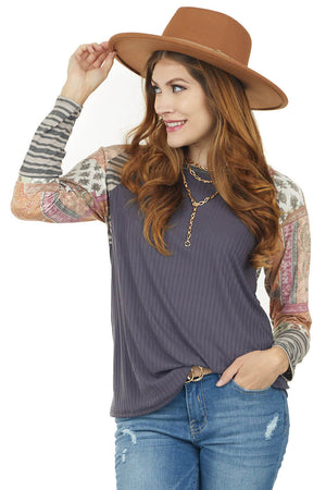 Quartz Ribbed Raglan Knit Top with Printed Sleeves
