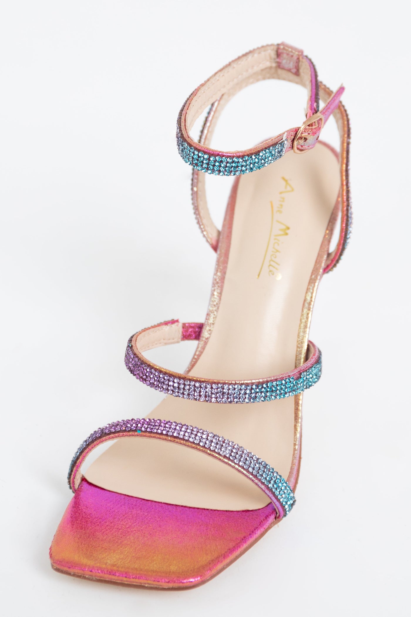 Rainbow Metallic Rhinestone Heels with Ankle Strap