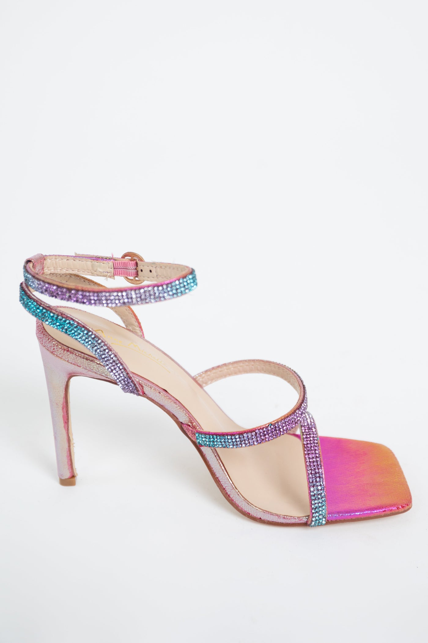 Rainbow Metallic Rhinestone Heels with Ankle Strap
