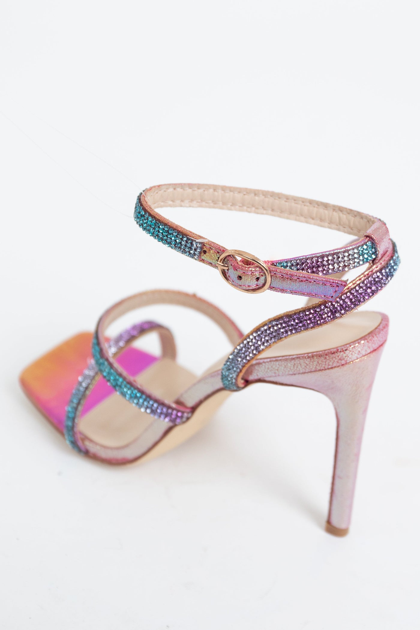 Rainbow Metallic Rhinestone Heels with Ankle Strap