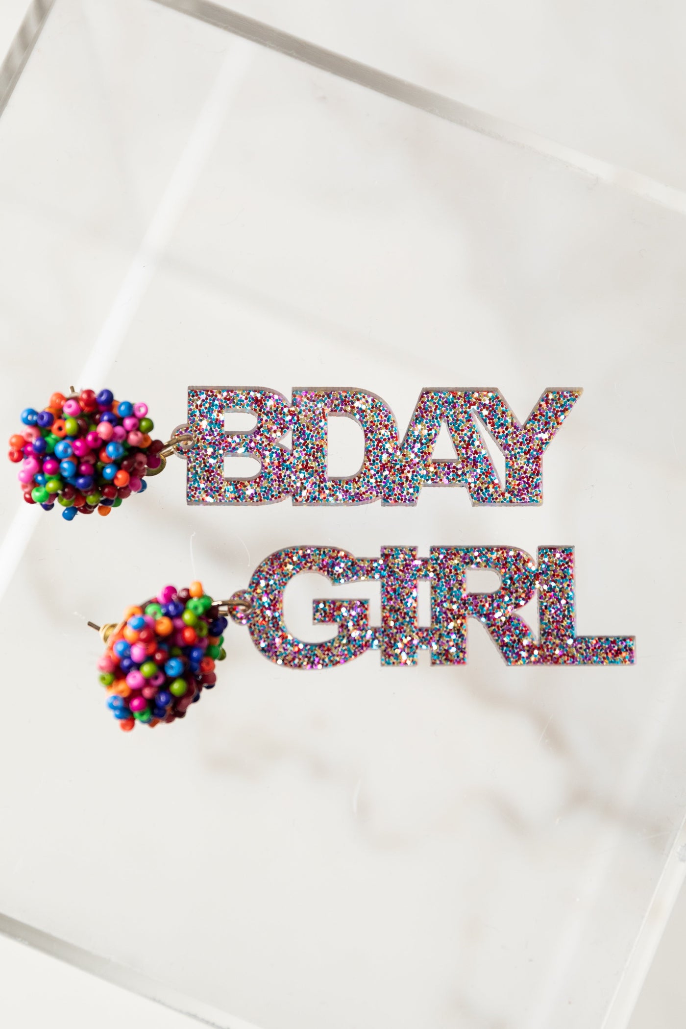Rainbow 'Bday Girl' Seed Bead Stud Drop Earrings