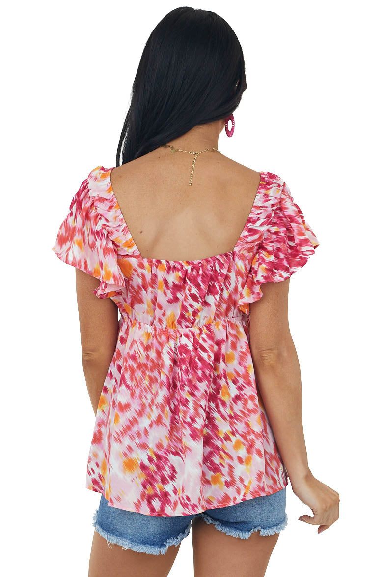 Raspberry Abstract Elastic V Neck Ruffle Top