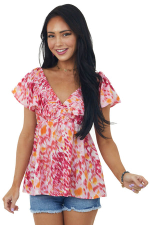Raspberry Abstract Elastic V Neck Ruffle Top