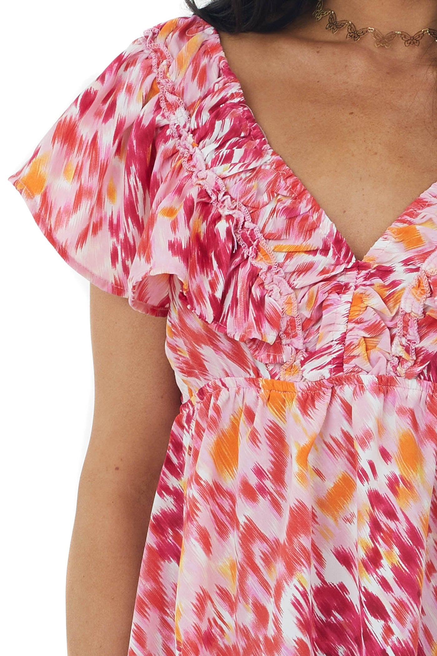 Raspberry Abstract Elastic V Neck Ruffle Top