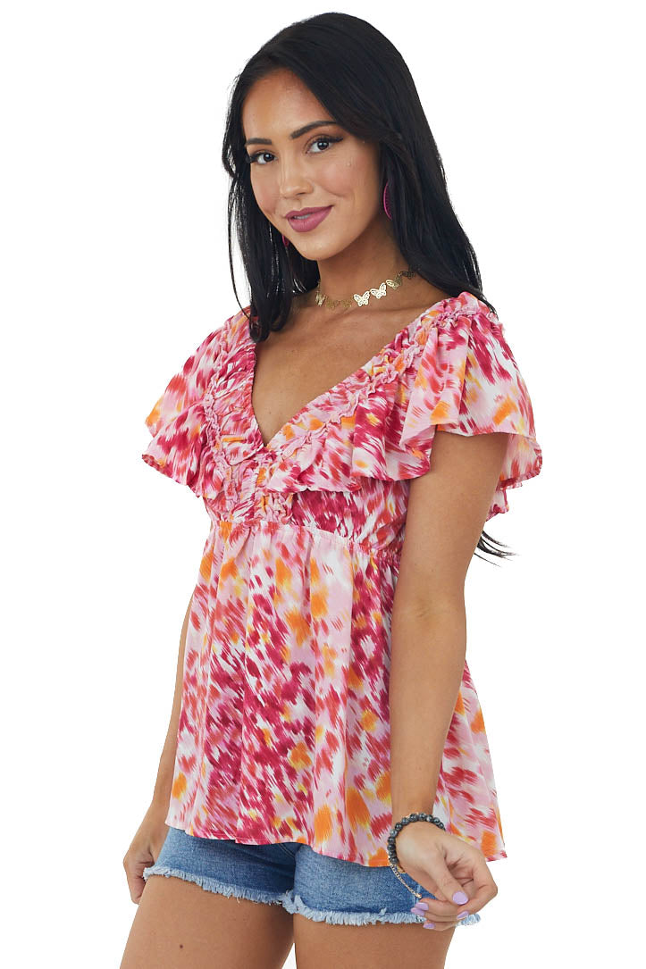 Raspberry Abstract Elastic V Neck Ruffle Top
