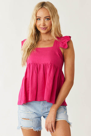 Raspberry Babydoll Square Neck Linen Blouse