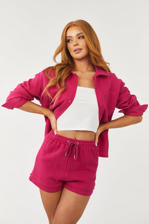 Raspberry Button Shirt and Drawstring Shorts