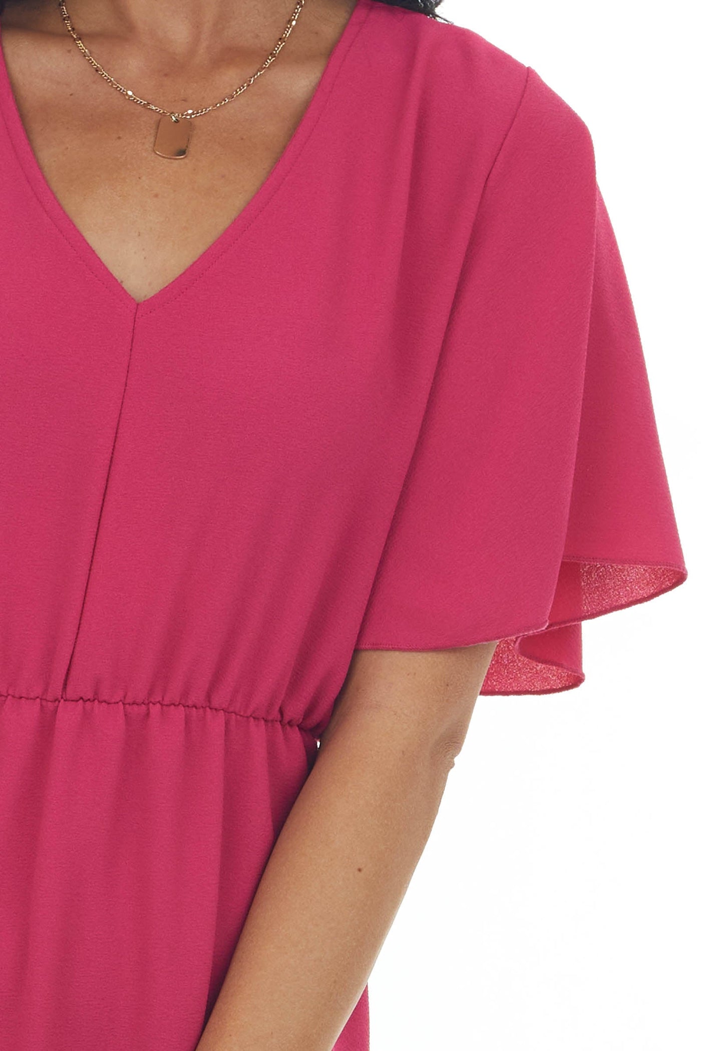 Raspberry Cinch Waist Flutter Sleeve Maxi Dress