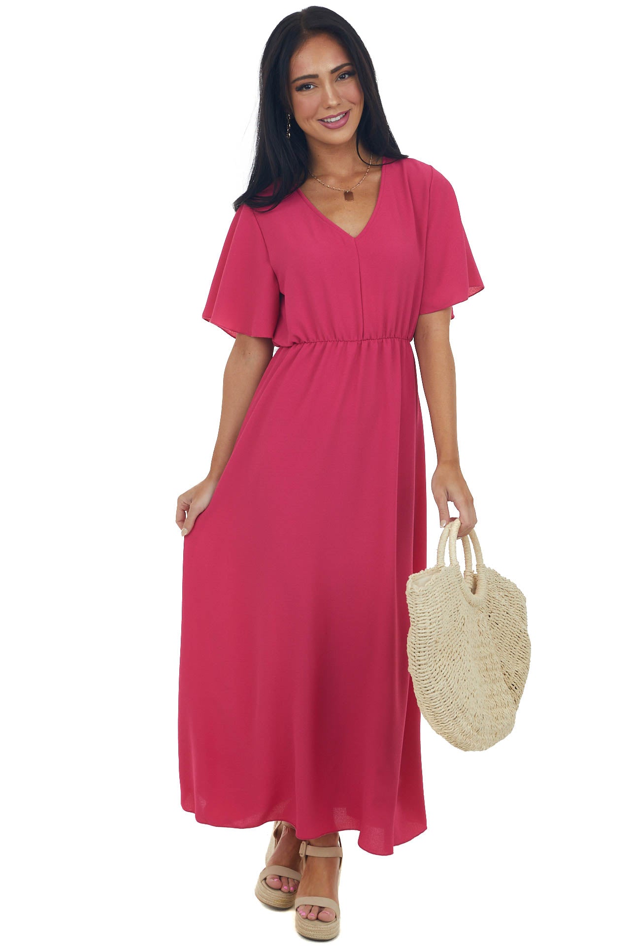 Raspberry Cinch Waist Flutter Sleeve Maxi Dress