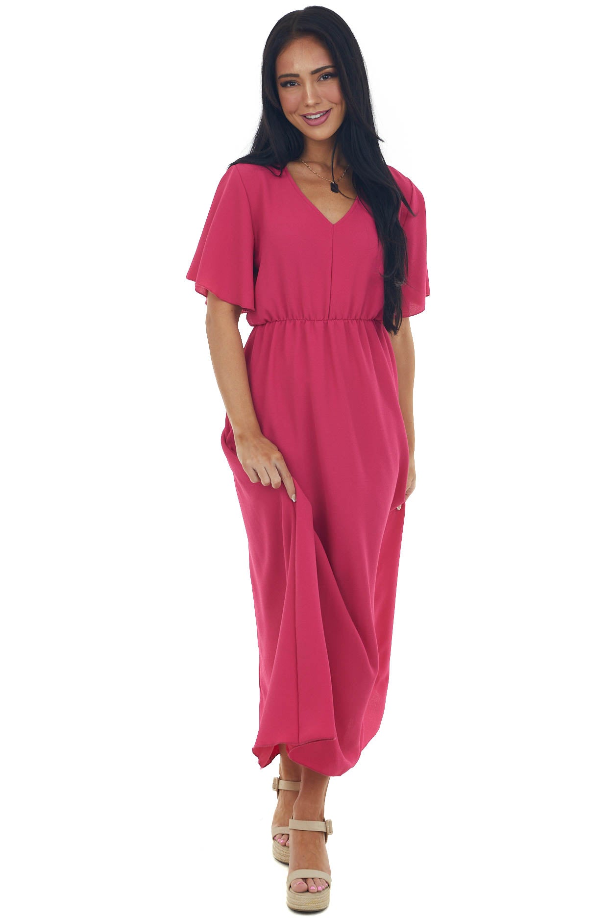 Raspberry Cinch Waist Flutter Sleeve Maxi Dress