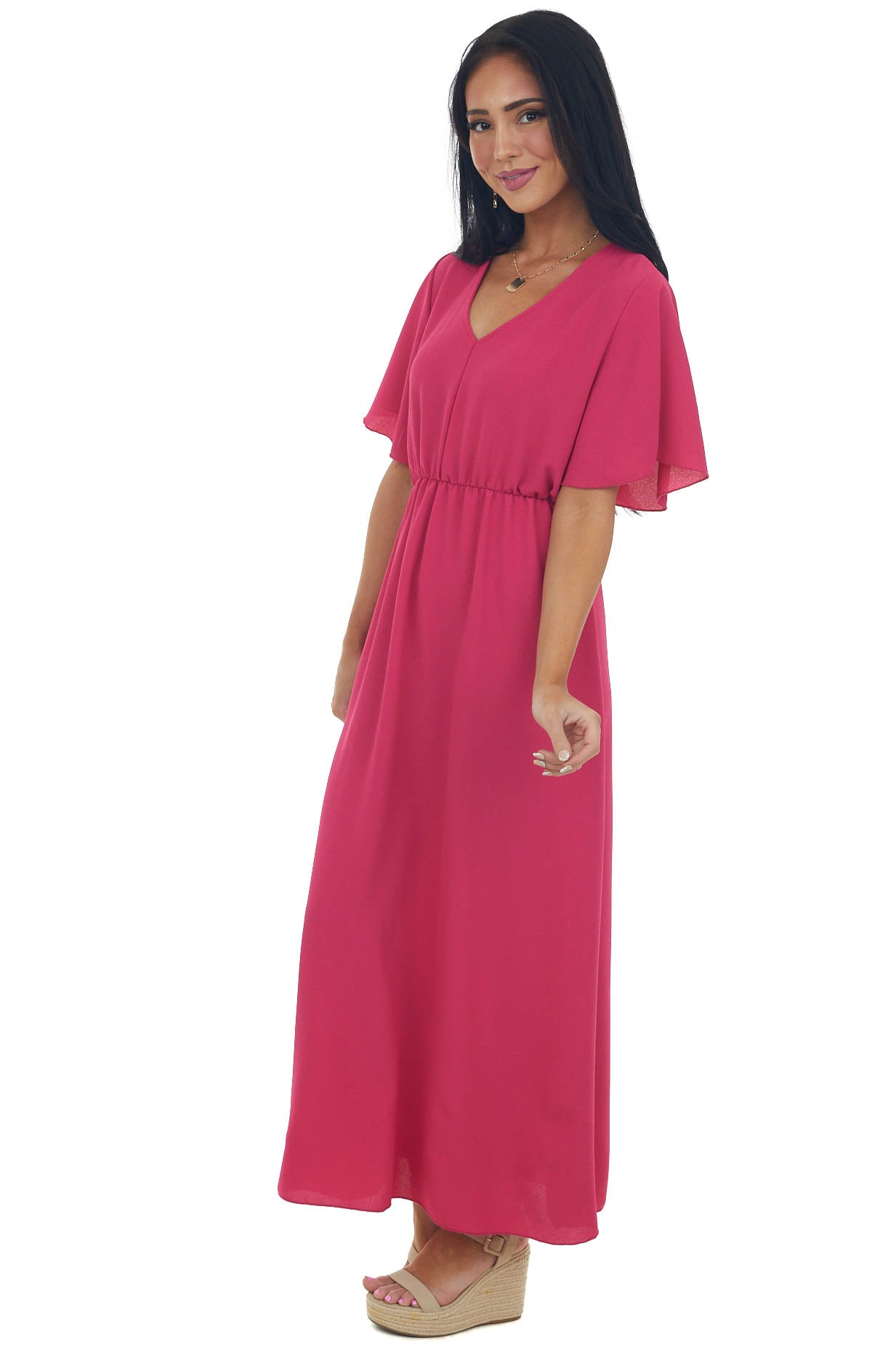 Raspberry Cinch Waist Flutter Sleeve Maxi Dress