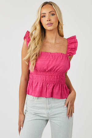 Raspberry Elastic Smocked Waist Sleeveless Woven Top