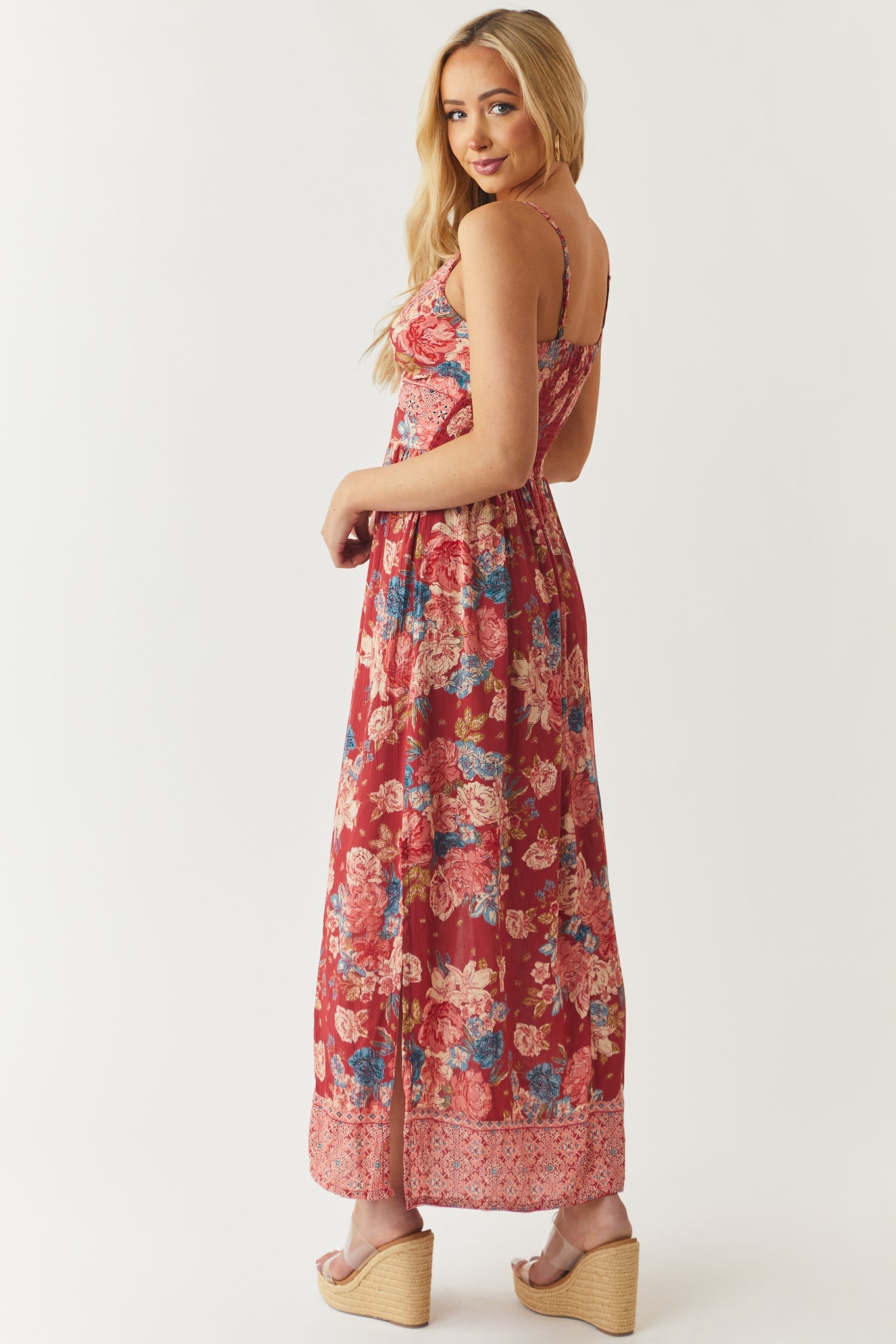 Raspberry Floral Print Sleeveless Maxi Dress