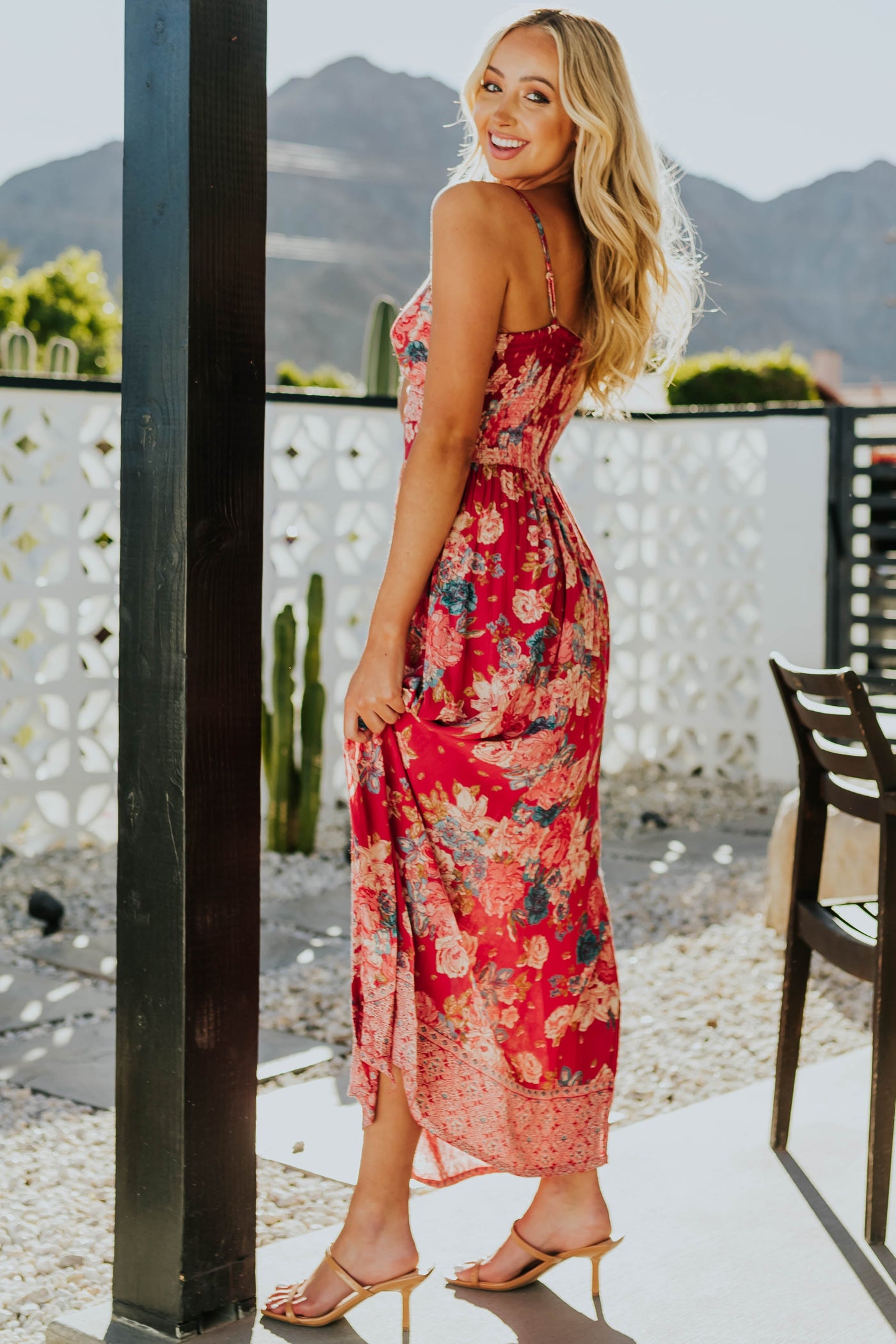 Raspberry Floral Print Sleeveless Maxi Dress