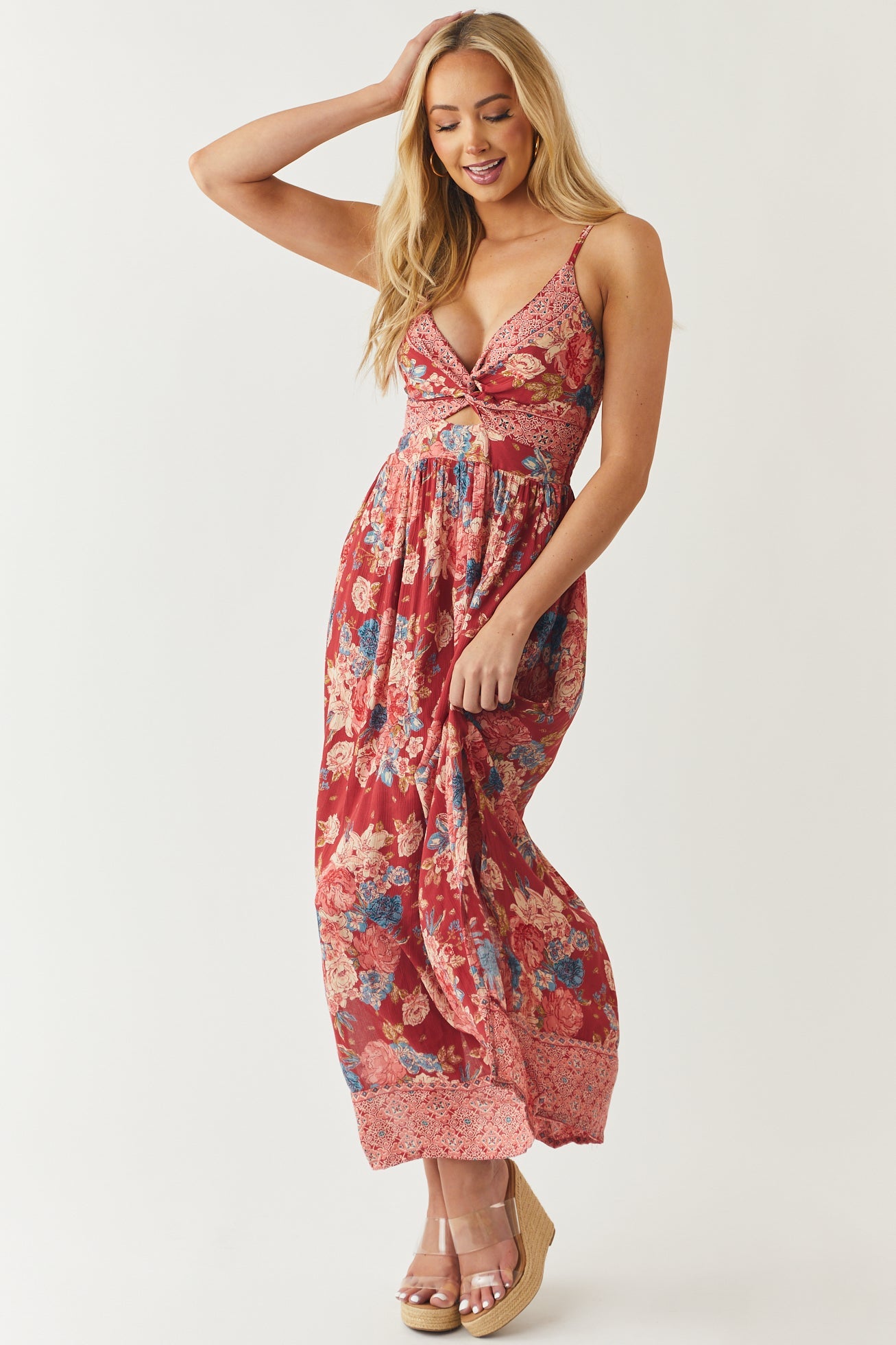 Raspberry Floral Print Sleeveless Maxi Dress