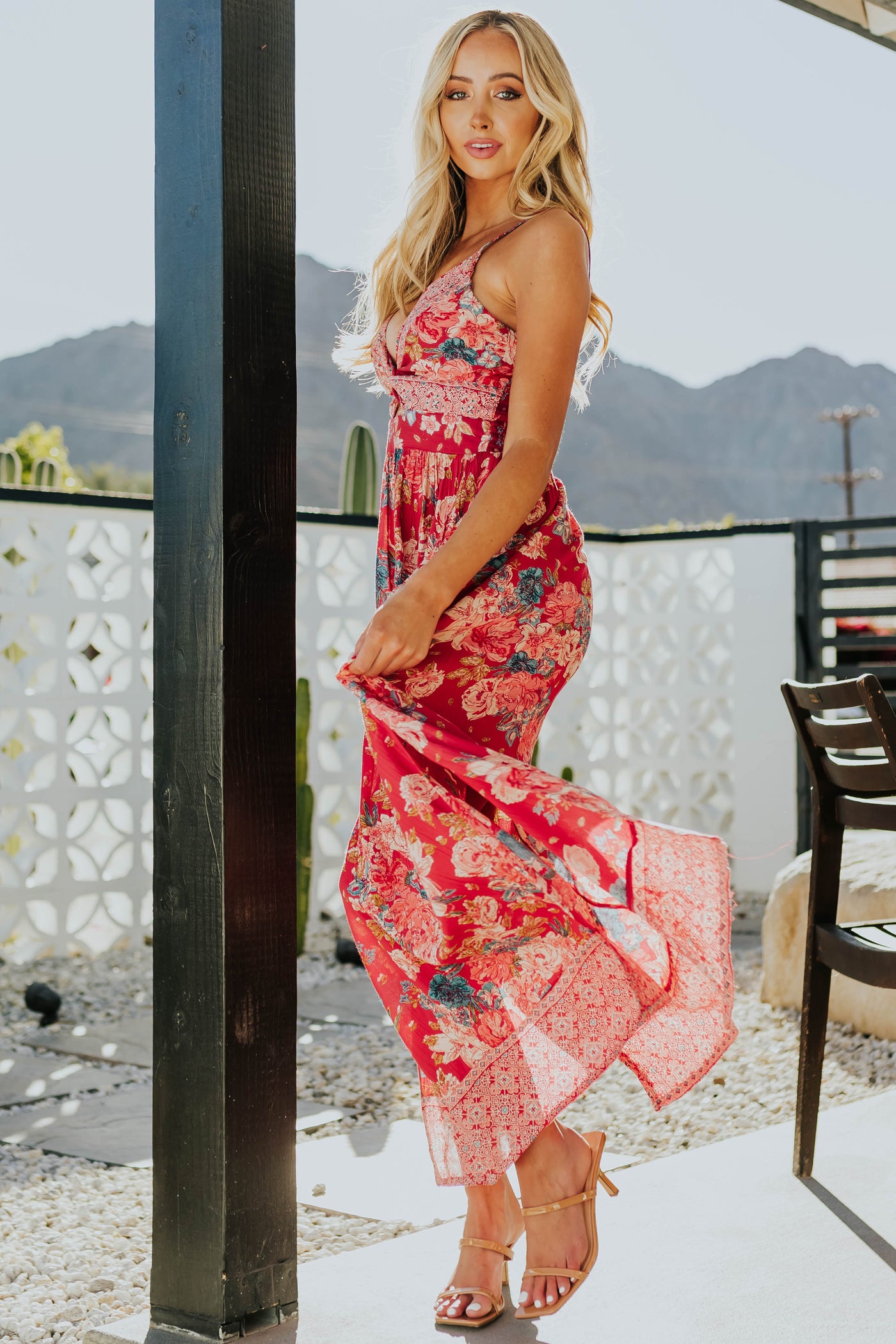 Raspberry Floral Print Sleeveless Maxi Dress