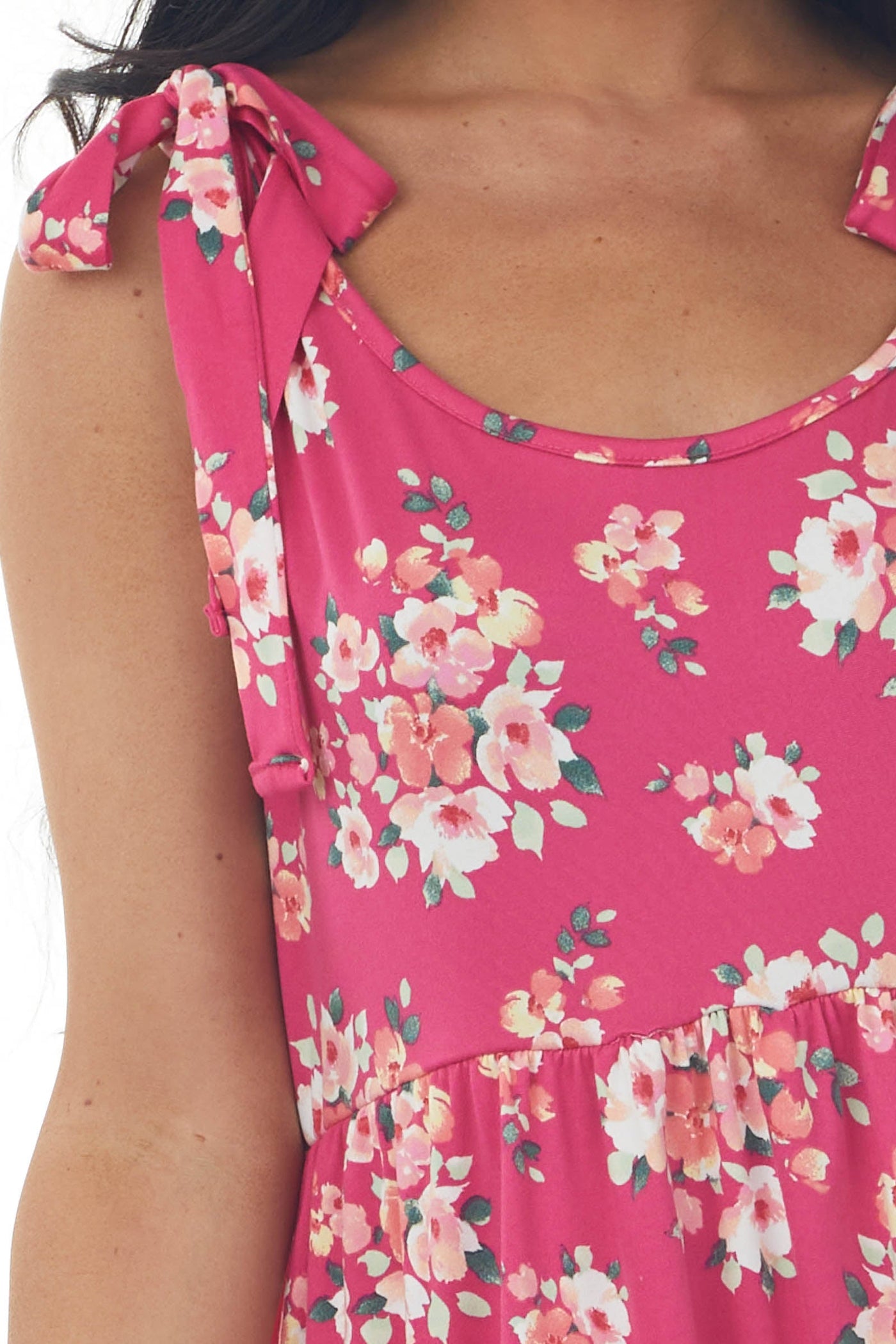 Raspberry Floral Short Dress with Shoulder Ties