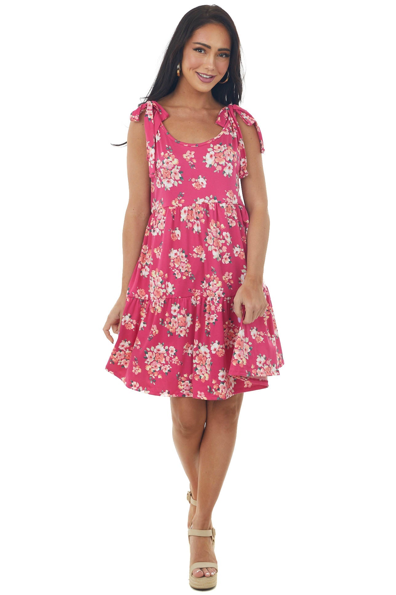 Raspberry Floral Short Dress with Shoulder Ties