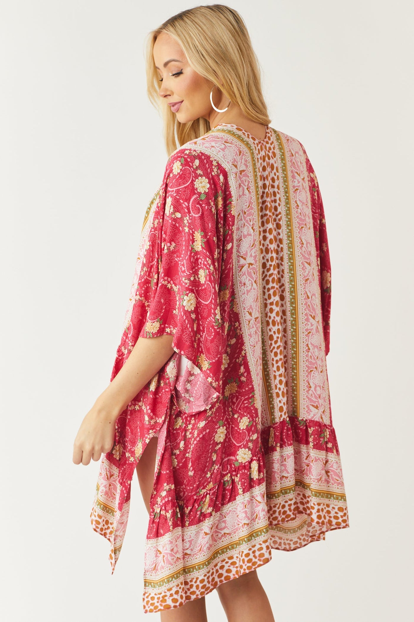 Raspberry Multiprint Kimono with Side Slits
