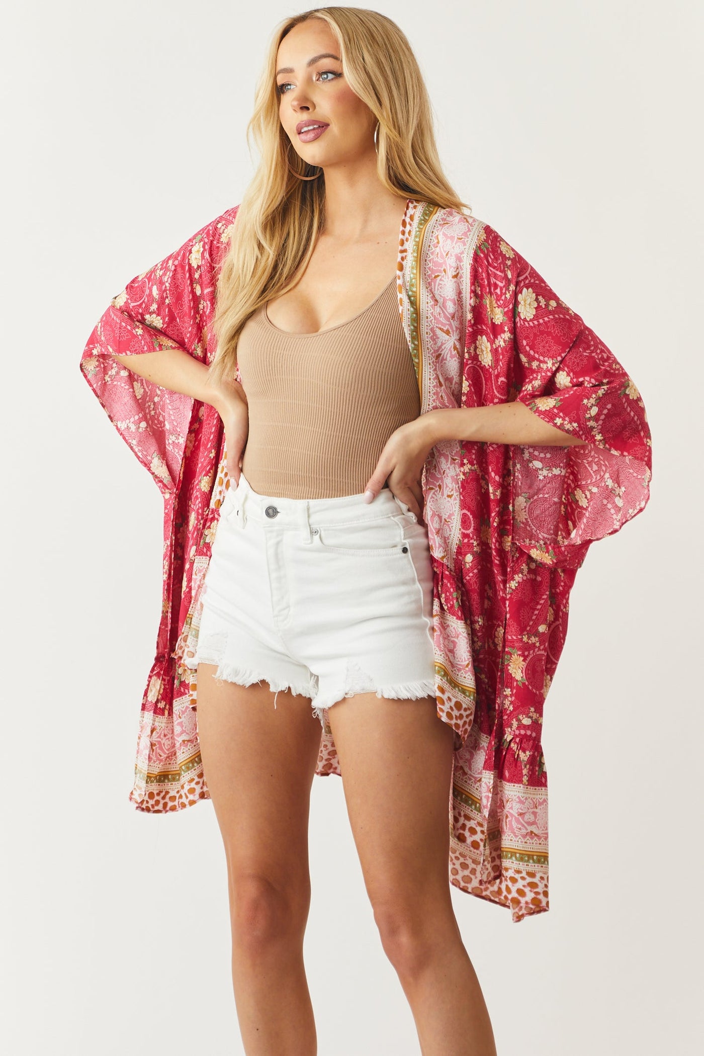 Raspberry Multiprint Kimono with Side Slits