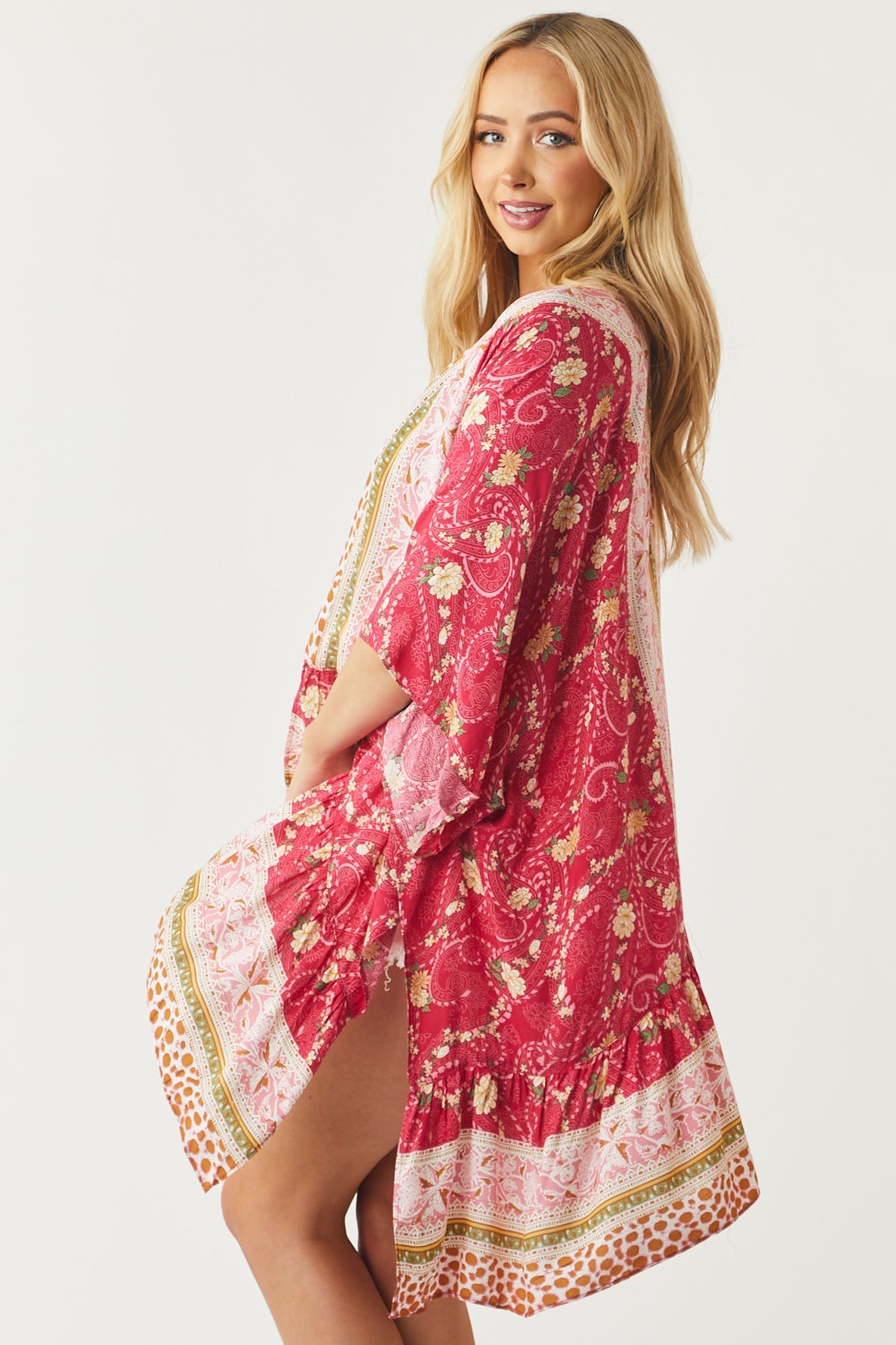 Raspberry Multiprint Kimono with Side Slits