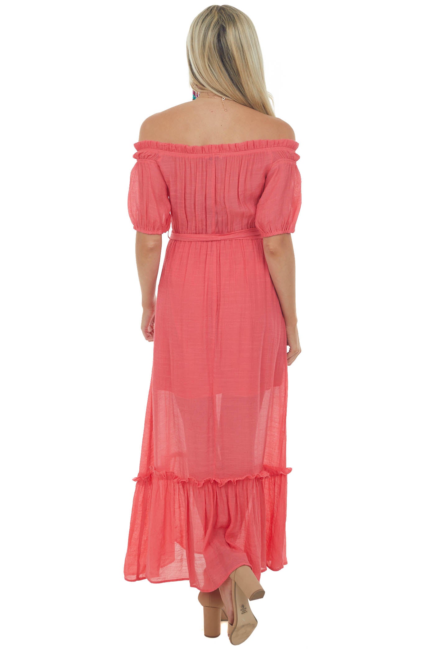 Raspberry Off Shoulder Waist Tie Maxi Dress