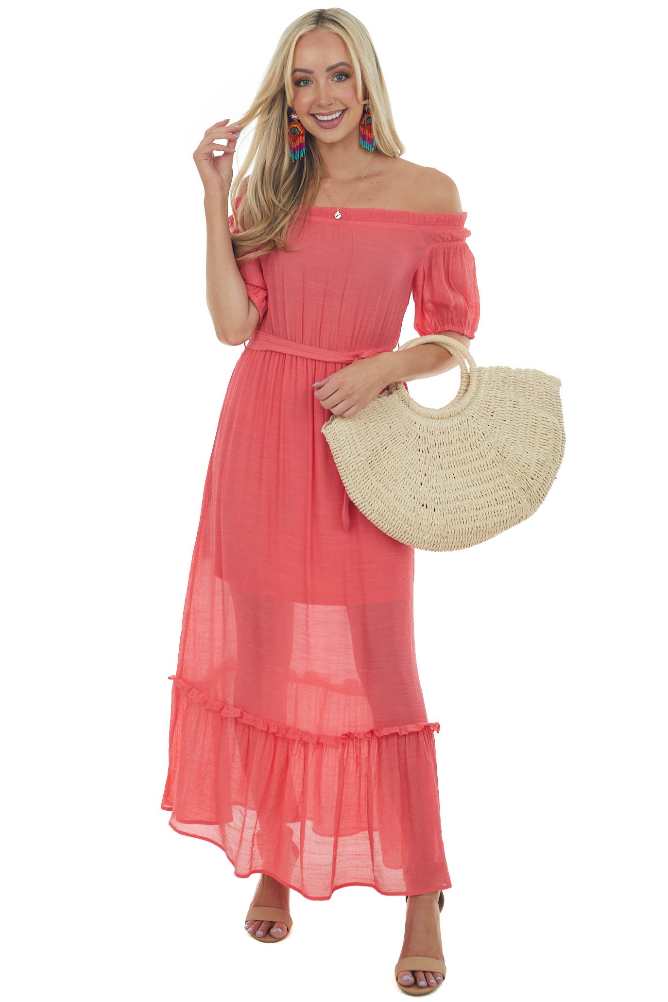 Raspberry Off Shoulder Waist Tie Maxi Dress